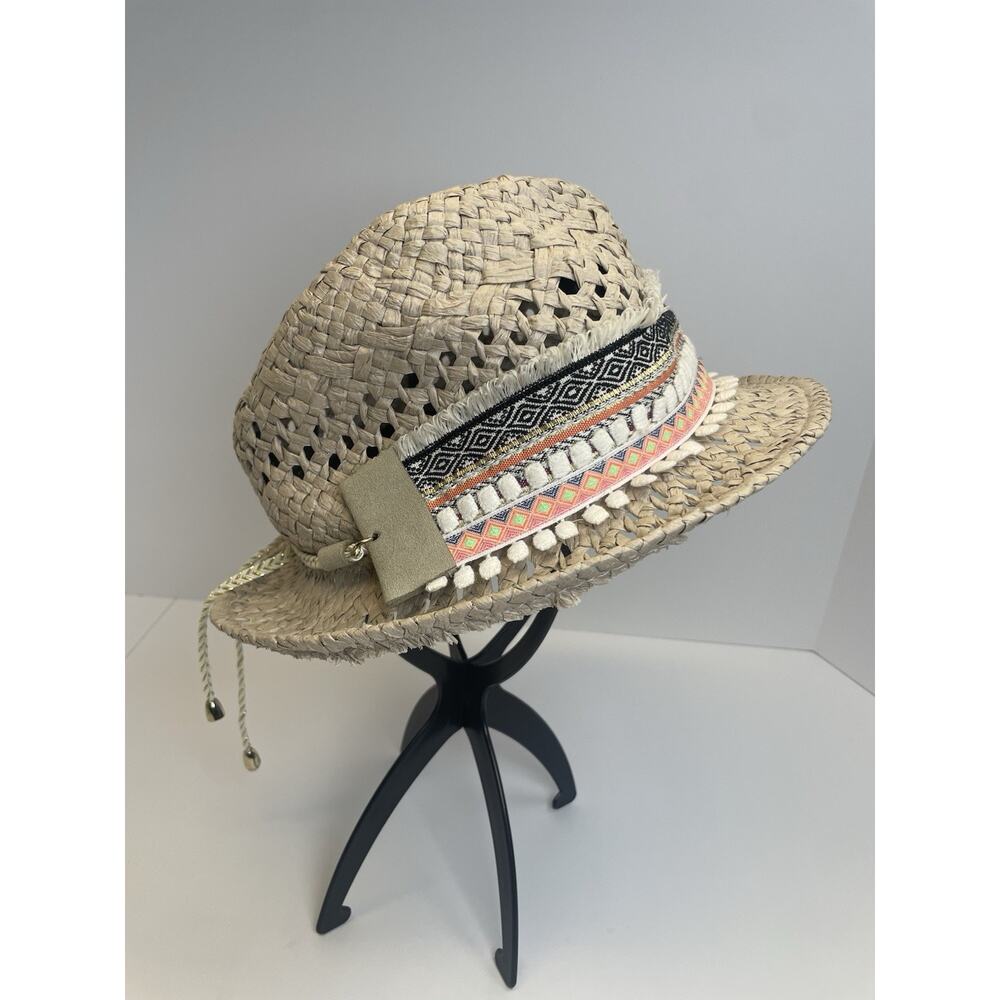 Express Brand Wicker Tan Fedora With Southwest Style Aztec Design Ribbon Band